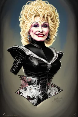 painting of dolly parton as evil queen in black leather, feminie, angry, stern look on her face, volouptous, busty, cleavage, emperious, mature, highly detailed, digital painting, artstation, concept art, smooth, sharp focus, illustration, art by gaston bussiere and alphonse mucha