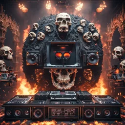 DJ of the damnded, insanely detailed DJ booth in hell, MID set, speakers and equipment made of bone, anatomically correct, add more skulls in th audience, photorealism, vray, 8k 3d https://stablecog.com/generate?o=a67b60e0-edd2-418d-9744-d1d585055d7fv https://stablecog.com/generate?o=93026b00-ac6b-436a-bc57-6aa04073d4a9