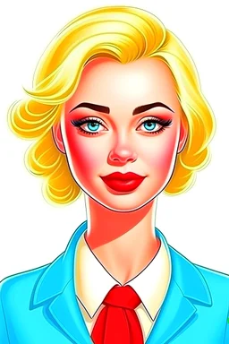 semi-realistic cartoon portrait of a feminine blonde stewardess with red lips in light blue uniform