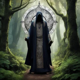 In the depths of a mystical forest, where shadows danced with secrets and whispers lingered in the air, a guru in robe with no head emerged. His body was covered by intricate tattoos that seemed to pulse with ancient wisdom, and a large sundial adorned his chest, marking time in a realm untouched by the ticking clock of mortal men.