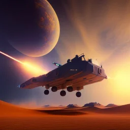 volumetric Wide desert view painted by chris foss of Military hovering tank, Turret, floating, hover, and laser from the future, 4k, 8k, [hovercraft] Minutiae, highly detailed, render, rivets, hovering, stripes, sunset duststorm, nimbus clouds