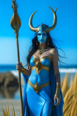 A picture of a beautiful "blue" faced indian goddess with skin painted blue, "blue painted body", "blue painted torso", wild black hair, stag antlers, elven ears, golden skirt, holding a staff on a sunny beach