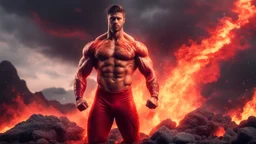 Hyper Realistic Handsome Muscular Fire-Super-Hero standing with Lava-splashes & Magma-Rocks & fire-meteor-shower with red cloudy sky & smoke around, dramatic & cinematic ambiance