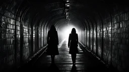 a woman silhouette in metro tunnel, dark shadows the walls, the heart ached with fear and sadness, for knows what the end, sinister, etheral, fog, dark mistic mood