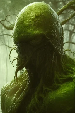 Swamp Thing, real alien character, ominous, facepaint, waist up portrait, intricate, oil on canvas, masterpiece, expert, insanely detailed, 4k resolution, retroanime style, cute big circular reflective eyes, cinematic smooth, intricate detail , soft smooth lighting, soft pastel colors, painted Renaissance stylestyle