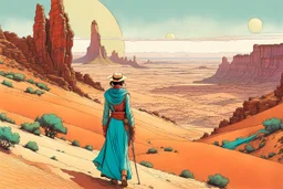 create an portrait of a nomadic shepherdess inhabiting an ethereal desert canyon land in the comic book style of Jean Giraud Moebius, David Hoskins, and Enki Bilal, precisely drawn, boldly inked, with vibrant colors