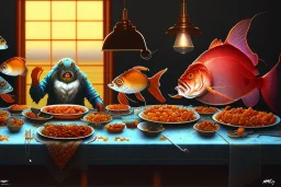 supper, fish sit at the table and eat pieces of people.