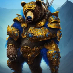 An angry bear warrior in blue and gold armor, background of Inka jungle, high detail, smooth, realistic, digital illustration, Artstation, artgerm,