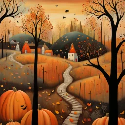 Painting of a path through a pumpkin patch, swan country, whimsical art, late autumn, village in the woods, Jane Newland, whimsical fantasy landscape art, spooky autumn colors, in autumn, by Janet Archer, by Sheila McLean, very coherent works Stylish Art, by Elaine Hamilton, Landscape Works, by Jane Kelly, Amazing Art, by Tom Scott RSA