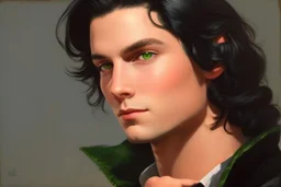 a young male with shoulder length black hair and green eyes, smirk