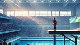 Create a detailed scene depicting a contemporary Olympic diving venue. The setting should include an audience of spectators watching the event, with a focus on a woman poised on the diving board, preparing to dive. Please include elements such as the design of the diving platform, the atmosphere of the crowd, and the overall ambiance of the venue. The output should be structured as a vivid description, capturing the energy and excitement of the moment.