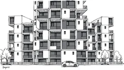 Boyero del EntlebuchFacade of a tower made up of repeated "box upon box" residential modules, with visible assembly joints and dark glass panels. A small car is parked at the base. Illustration in India ink and gray marker, clean lines, without exaggerated shadows.