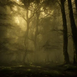 spooky forest, 4k, 8k, highly detailed, cinematic, ultra photorealistic, volumetric lighting, sharp details, mist, trees, depth of field, sun shafts, sunset, wide view