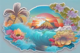 seamless sticker, artwork of surf t shirt graphic of majestic lotus flower and palm tree in digital painting style, beautiful flowers, sunrise mountains and clouds , big sea waves, water splashes, white background, colorful fantasy flower sorround, highly detailed clean, vector image, photorealistic masterpiece, professional photography, realistic, flat white background, isometric, vibrant vector, clipart, illustration, realism, 4k, , cinematic, front view, white background, seamless sticker of