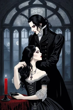 in a Victorian-style dress with a pale face, black long haired vampire sucking blood from the neck of a beautiful young woman wearing a wonderful victorian-goth lace dress. The woman has a faint smile on her face, her eyes are closed. Gothic-style room in the background, semi-darkness, the light of the full moon shines through the large window onto the horror scene, high detailed, sharp focus, masterpiece