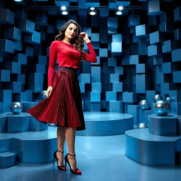 make a picture pretty stage made of metallic blue-gray teme 3d recursive cubic and sphere and cylinder base structures and a beautiful fashion model lady posing with cute in black and white and the scene is in color,with dark red top and pretty pleated midi skirt ,makeup curvy long hair,dynamic camera zoom to full body and pan, dynamic lights.