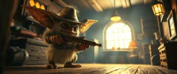 air brush 3d with pen outline,spaghetti final boss gunslinger western fluffy elder gremlin edgy hero, shallow depth of field, warm lantern, pin hole cam in doll house, bottom floor board edge border
