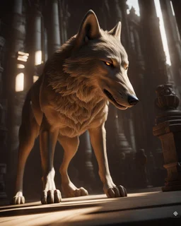 Antropomorfic Wolf , unreal engine 5, concept art, art station, god lights, ray tracing, RTX, lumen lighting, ultra detail, volumetric lighting, 3d