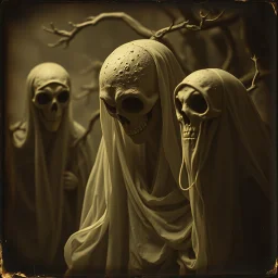 Daguerrotype close up of some mysterious figures, odd background, cinematic, Hieronymus Bosch, Max Ernst vegetal life, rotten, ambient light, ghost, cry