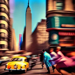 Picture 1950's street life, people, New York, blurry, abstractism, colours, strong texture, 3d, chaotic