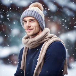 Beautiful young man in winter hat and sweater over Christmas background, , winter season, snow, happy holidays