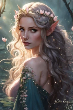 Pink flower crown,Pointed elven ears,Blonde hair ,Pink dress,Sparkling fairy wings,Very long golden hair,Fairy crown,pointed ears,elven ears,fairy wings,water lilies,sparkling,glittering,flowers,blossoms,golden crown,light pink dress