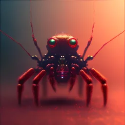 portrait painting of a cyberpunk red robot spider, ultra realistic, intricate details, ultra highly detailed, shiny, smooth, studio quality, octane render, Surrealism, Triadic colour scheme,glow-stick, ambient lighting,nightclub lighting, polaroid, 100mm, --ar 1:1 --v4