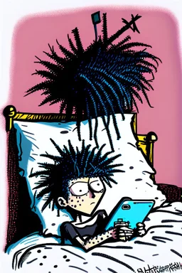 2d drawing of a stickman, laying in bed, cool with punk hair, just woke up, cellphone in hand ,3d realistic in colour