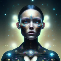 "perfect woman, full face tattoo of stars and galaxies extending past face and morphing into reality, 8k resolution, high-quality, fine-detail, intricate, digital art, detailed matte, volumetric lighting, octane render