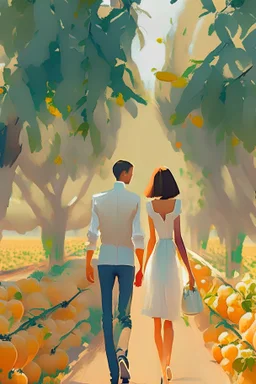 walking in orchard between orange trees first person shooter looking far only couple holding hands white dress