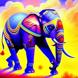 Dibujo al oleo de un elefante indio pintado con muchas nubes de colores estilo Vincent van Gogh