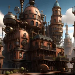 Create a futuristic cityscape with a steampunk twist, featuring elaborate machinery, gears, and Victorian-style architecture.