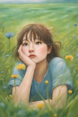 A girl lying in the middle of grass field while contemplating, detailed expression, heavy rain weather, the rain wet her face, the field is transformed into a dreamlike landscape straight out of a Studio Ghibli movie. The delicate details and vibrant colors make this a truly unique and captivating image. angle from below