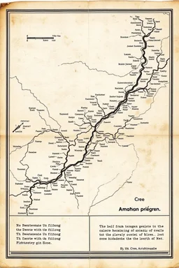 a scan of an ancient Cree Anishinaabe road map, printed black and white that has been been stained and weathered, text is in Cree Syllabic