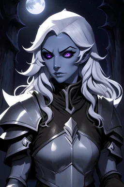 Dungeons and Dragons portrait of the fair face of a drow cleric. She has purple eyes, pale armor, long wavy white hair, and is surrounded by moonlight. Has a playful demeanor, looks to be in her early twenties