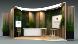 Corner exhibition stand in light colors with wood elements and greenery with two meeting areas