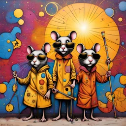 Three blind mice, with dark sunglasses and canes, astral star-filled background, graffiti street art on city wall, dramatic, warm colors, dynamic diagonal composition, by Os Gemeos, color spray paint, concept art, warm colors, stunning,