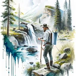 Illustrate a scene of an artist exploring the wonders of Norwegian nature, sketching, plain air amidst forests, waterfalls, and meadows, artistic style painting, white background, detailed, realistic, high definition, painting oil paint