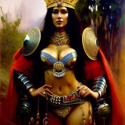 portrait beautiful face queen of Sheba ,busty,medieval metal armor balanciaga fashion clothe painting by gaston bussiere, greg rutkowski, yoji shinkawa, yoshitaka amano, tsutomu nihei, donato giancola, tim hildebrandt, oil on canvas, cinematic composition, extreme detail,fit full head inside picture