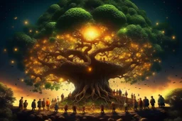 The tree of Heavens, huge tree floating heaven, warm and cozy, people living, firelights, beautiful, Serene, Warm place