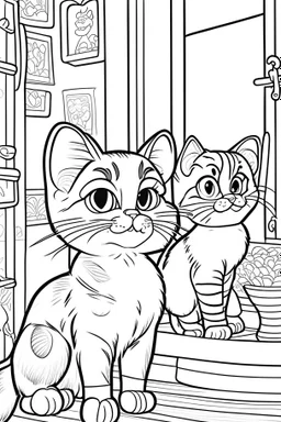 coloring page for kids, Cats in the house, cartoon style, thick lines, low detail, no shading