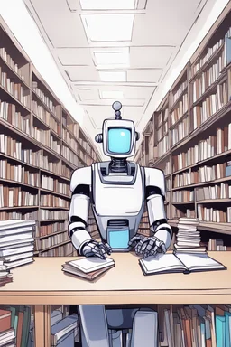 The library is serviced by computers, and there are many books on the shelves. The robot sits at the table and searches for books in the catalog in the computer Expression. High-quality drawing, 8K