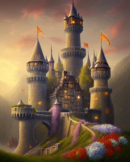 medieval fantasy castle town with flowers rpg art