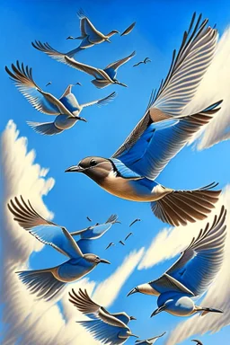 realistic drawing of detailed birds in the blue sky.