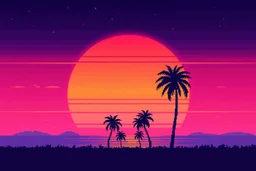 8 bit pixelart of synthwave sun, synthwave colores only, palmtrees synthwave, synthwave collored, vaporwave