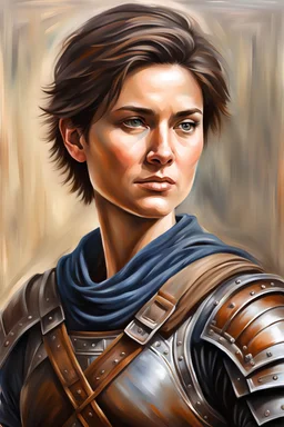 realistic painting of Female warrior with short brown hair