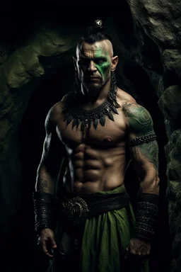 portrait of an orc king with pale skin. scar running across one eye. Tribal Tattoos Dark hair and green eyes. His look is sad. Half of his head is shaved. wearing jewellery. High resolution. 4K. 8K. Dark Fantasy style. Cave in the background