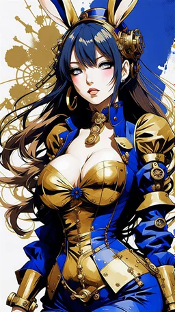 poster in two gradually, a one side Bunny beautiful steampunk huge girl darkblue and other side Anime girl crushed gold tones, painting by Yoji Shinkawa, guts, soft smooth lighting, intricate, wildflower, soft pastel colors,