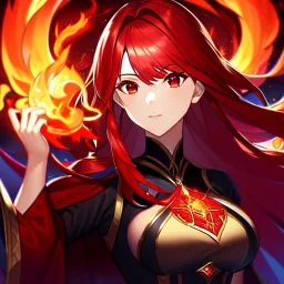 8k, Girl, high quality, detailed, red hair, red eyes, beautiful lighting, fire magic