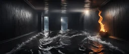 Hyper Realistic flood water wave splashes inside a haunted hallway with black walls & flame torches on wall at night with light rays from window